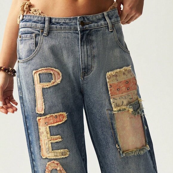 Medium Wash Casual Women's Distressed Letter Patch Loose Fit Denim Jeans - Picture 2 of 7